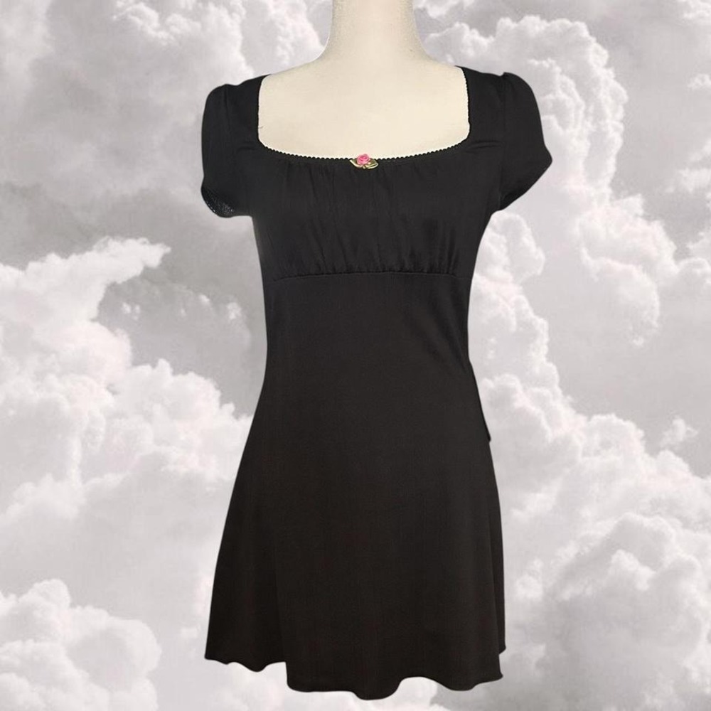 dolls kill Delias Black Babydoll empire waist mini dress with pink rosette